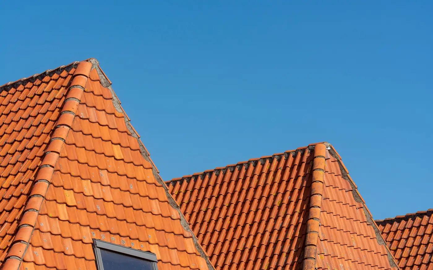 Nylagt tegeltak med jämna pannor mot klar himmel